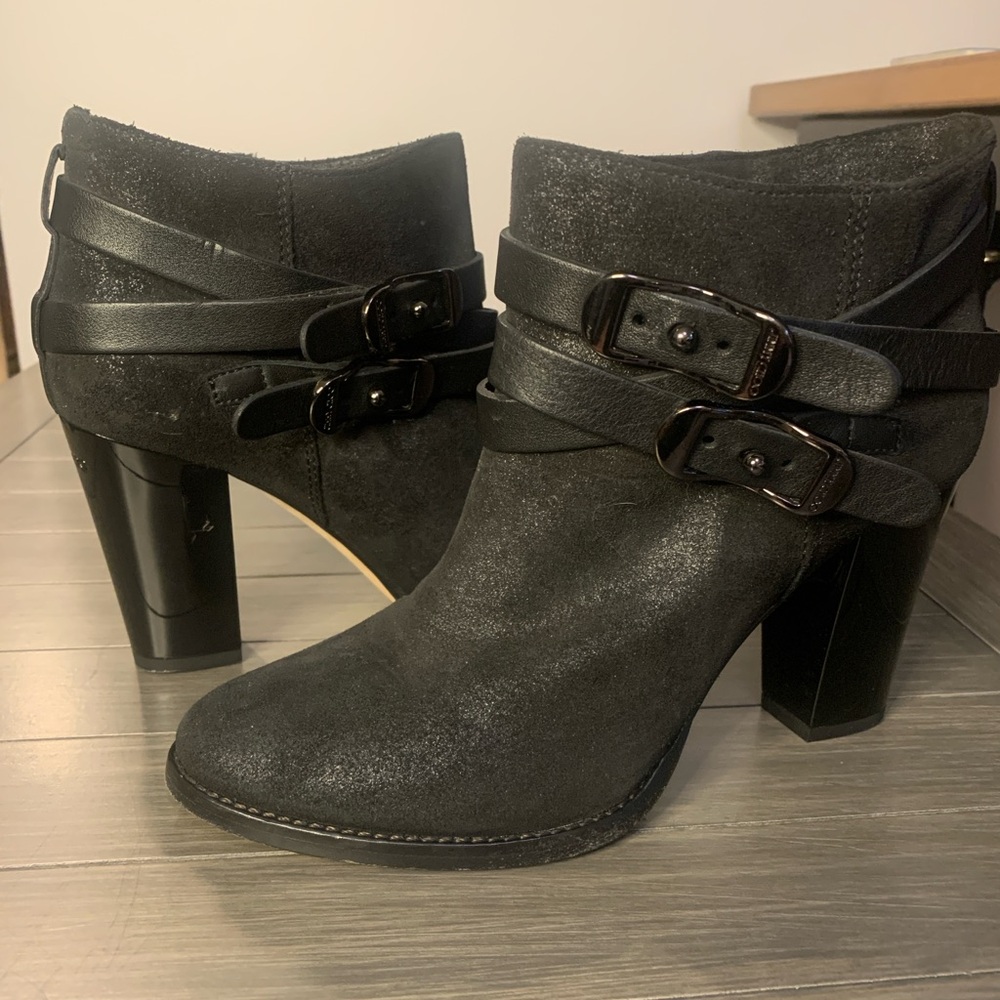Jimmy Choo Shimmery Black Heeled Boots with Chunky Heel and Buckles